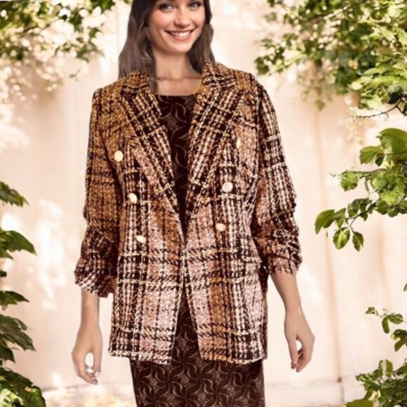 Double Breasted Lapel Collar Tweed Print Lightweight Summer Blazer Jacket Sz XL - Picture 1 of 3